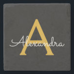 Black Guld Modern Script Girly Monogram Namn Stenunderlägg<br><div class="desc">Enkel Namn-stenplattan i svart och Guld med Monogram. Det gör perfekt studenten,  söt 16-årsdag,  bröllop,  möhippa,  årsdag,  babydusch eller bachelorette-fest till någon som kärlek glam lyx och chic stilar.</div>