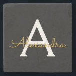 Black Guld Modern Script Girly Monogram Namn Stenunderlägg<br><div class="desc">Enkel Namn-stenplattan i svart och Guld med Monogram. Det gör perfekt studenten,  söt 16-årsdag,  bröllop,  möhippa,  årsdag,  babydusch eller bachelorette-fest till någon som kärlek glam lyx och chic stilar.</div>