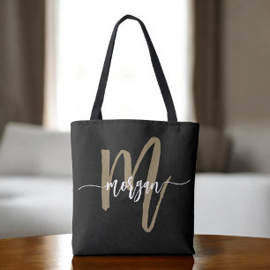 Black Guld Modern Script Girly Monogram Namn Tygkasse
