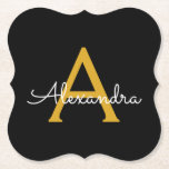Black Guld Modern Script Girly Monogram Namn Underlägg Papper<br><div class="desc">Svartvitt och Guld Enkelt skript Monogram Namn Pappra Underlägg. Det gör perfekt studenten,  födelsedag,  bröllop,  möhippa,  årsdag,  babydusch eller bachelorette-fest till någon som glam lyx och chic stilar.</div>