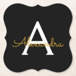 Black Guld Modern Script Girly Monogram Namn Underlägg Papper<br><div class="desc">Svartvitt och Guld Enkelt skript Monogram Namn Pappra Underlägg. Det gör perfekt studenten,  födelsedag,  bröllop,  möhippa,  årsdag,  babydusch eller bachelorette-fest till någon som glam lyx och chic stilar.</div>
