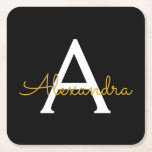 Black Guld Modern Script Girly Monogram Namn Underlägg Papper Kvadrat<br><div class="desc">Svartvitt och Guld Enkelt skript Monogram Namn Pappra Underlägg. Det gör perfekt studenten,  födelsedag,  bröllop,  möhippa,  årsdag,  babydusch eller bachelorette-fest till någon som glam lyx och chic stilar.</div>