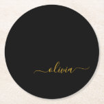 Black Guld Modern Script Girly Monogram Namn Underlägg Papper Rund<br><div class="desc">Svartvitt och Guld Enkelt skript Monogram Namn Pappra Underlägg. Det gör perfekt studenten,  födelsedag,  bröllop,  möhippa,  årsdag,  babydusch eller bachelorette-fest till någon som glam lyx och chic stilar.</div>