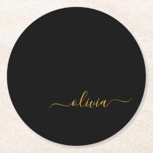 Black Guld Modern Script Girly Monogram Namn Underlägg Papper Rund