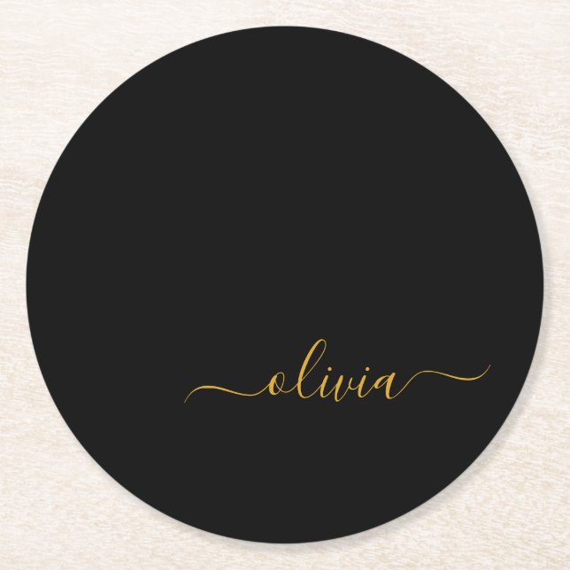Black Guld Modern Script Girly Monogram Namn Underlägg Papper Rund (Framsidan)