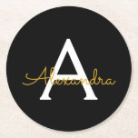 Black Guld Modern Script Girly Monogram Namn Underlägg Papper Rund<br><div class="desc">Svartvitt och Guld Enkelt skript Monogram Namn Pappra Underlägg. Det gör perfekt studenten,  födelsedag,  bröllop,  möhippa,  årsdag,  babydusch eller bachelorette-fest till någon som glam lyx och chic stilar.</div>