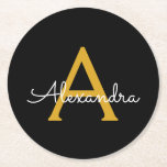 Black Guld Modern Script Girly Monogram Namn Underlägg Papper Rund<br><div class="desc">Svartvitt och Guld Enkelt skript Monogram Namn Pappra Underlägg. Det gör perfekt studenten,  födelsedag,  bröllop,  möhippa,  årsdag,  babydusch eller bachelorette-fest till någon som glam lyx och chic stilar.</div>