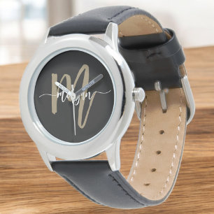Black Guld Modern Script Monogram Namn Armbandsur
