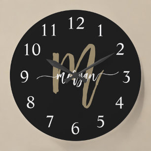 Black Guld Modern Script Monogram Namn Stor Klocka