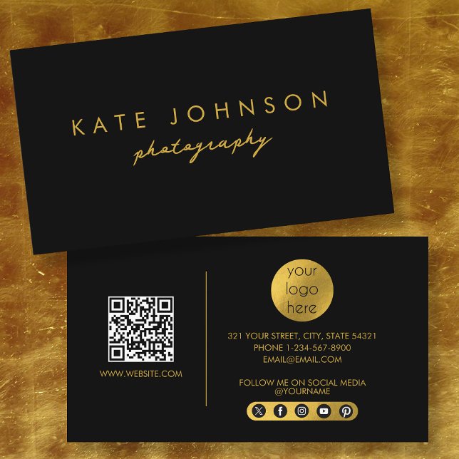Black Guld Modern Script QR-kod Social Media B Visitkort (Black Gold Modern Script QR Code Social Media B Business Card)