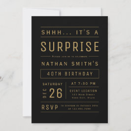 Black Guld Modern Typography Surprise Birthday Inbjudningar