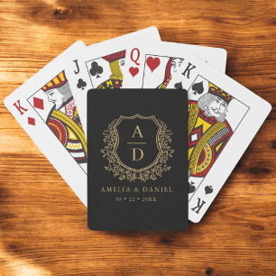 Black Guld Monogram Bröllop Blommigt Vapensköld Casinokort