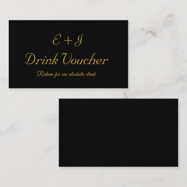 Black Guld Monogram Bröllop Drink Voucher Card Visitkort (Fram/baksida)