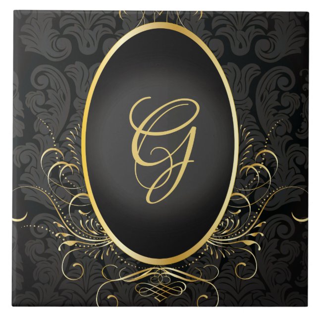 Black guld Monogram Classy Royal Stil Tile Kakelplatta (Framsidan)