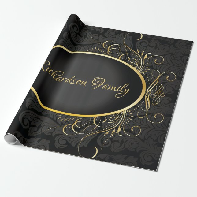 Black guld Monogram Classy Royal Wrapping Stil Presentpapper (Utrullad)