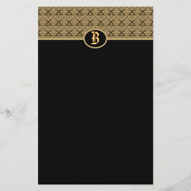 Black Guld Monogram Damask Stationery Brevpapper (Framsida)