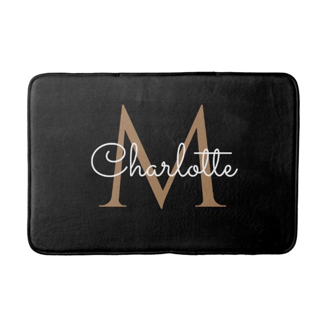 Black Guld Monogram Elegant Girly Script Bath Mat Badrumsmatta (Framsidan)