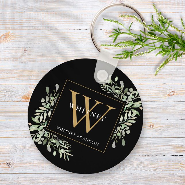 Black Guld Monogram Elegant Greenery Nyckelring (Skapare uppladdad)