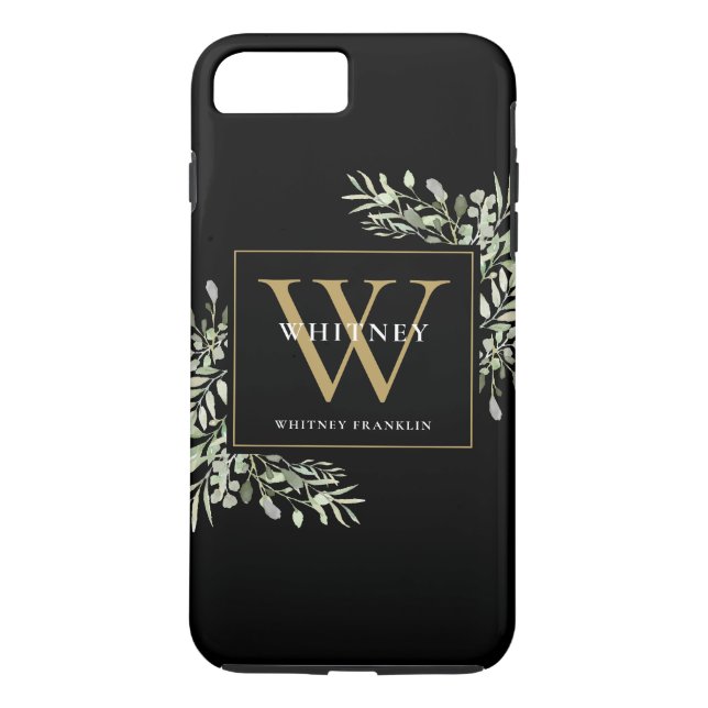 Black Guld Monogram Elegant Modern Greenery Case-Mate iPhone Skal (Baksida)