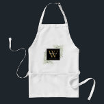 Black Guld Monogram Elegant Modern Greenery Förkläde<br><div class="desc">Elegant vattenfärgsgrey löv monogram namn apron med en guld monogram initialt på chicens svarta bakgrund. Designad av Thisisnotme©</div>