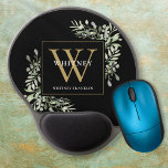Black Guld Monogram Elegant Modern Greenery Gel Musmatta<br><div class="desc">Elegant vattenfärgsgreenery löv monogram namn-nmusmatta med en guld monogram initialt på chicens svarta bakgrund. Designad av Thisisnotme©</div>