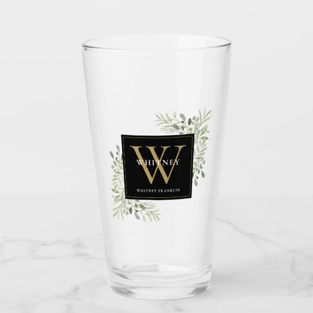 Black Guld Monogram Elegant Modern Greenery Glaskopp (Framsida)