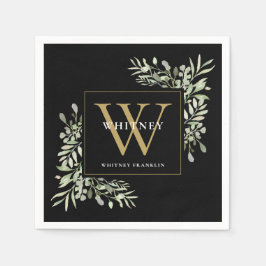 Black Guld Monogram Elegant Modern Greenery Pappersservett