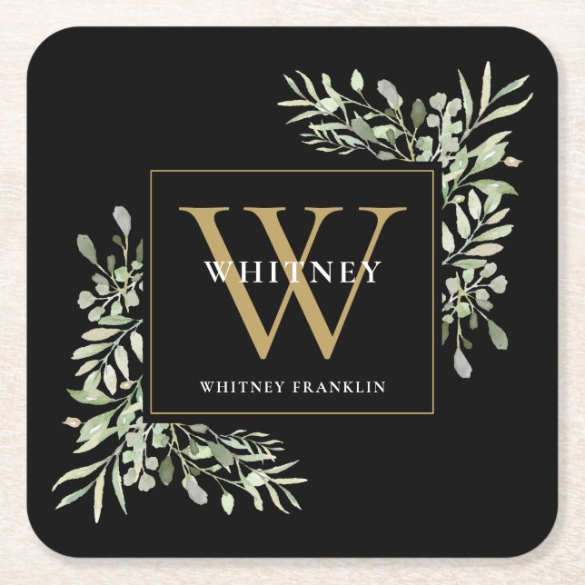 Black Guld Monogram Elegant Modern Greenery Underlägg Papper Kvadrat (Framsidan)