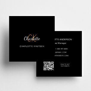 Black guld monogram, enkel Qr-kod Fyrkantigt Visitkort