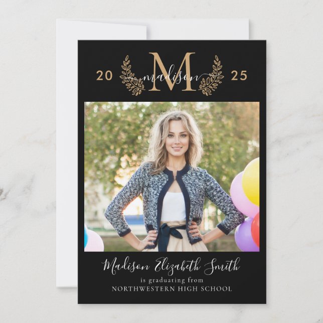 Black Guld Monogram Girly Script Photo Studenten Meddelande (Framsida)