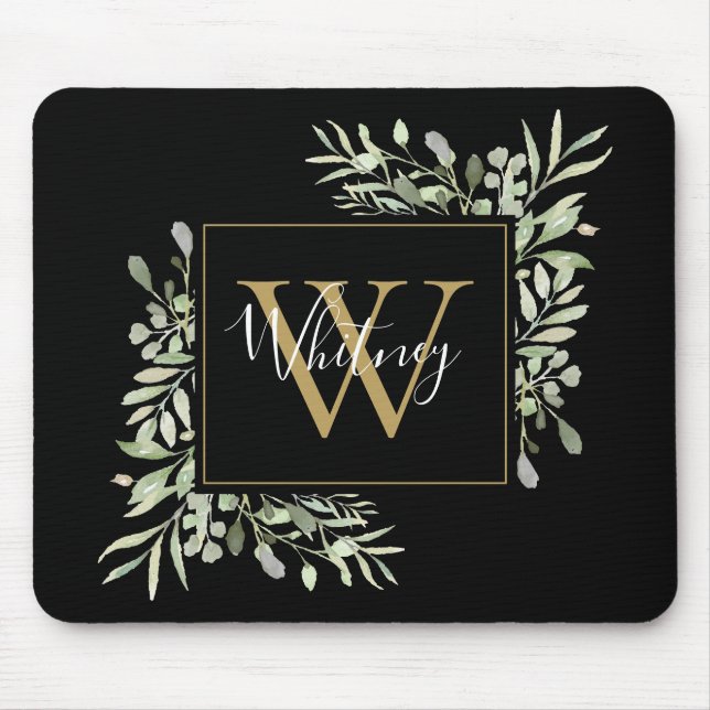 Black Guld Monogram Greenery Blommigt Musmatta (Framsidan)