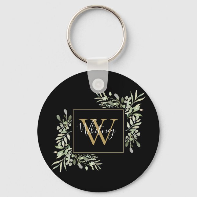 Black Guld Monogram Greenery Blommigt Nyckelring (Framsida)