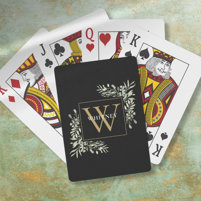 Black Guld Monogram Greenery Personlig Casinokort (Black Gold Monogram Greenery Personalized Poker Cards)