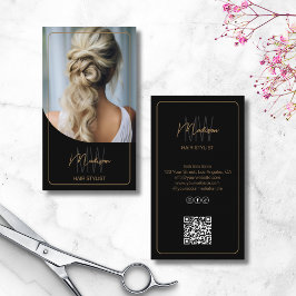 Black Guld Monogram Hair Stylist Salon Photo QR Visitkort
