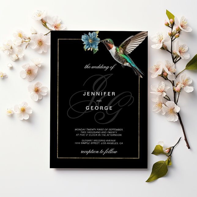 Black guld monogram initialer hummingbird bröllop inbjudningar (Black gold monogram initials hummingbird wedding)