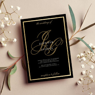 Black guld monogram initialer romantic bröllop inbjudningar