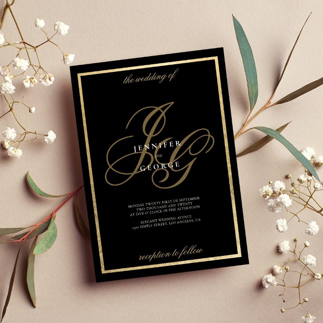 Black guld monogram initialer romantic bröllop inbjudningar (Black gold monogram initials romantic wedding invitation)
