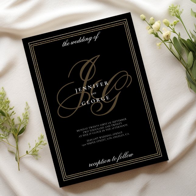 Black guld monogram initialer romantic bröllop inbjudningar (Black gold monogram initials romantic wedding)