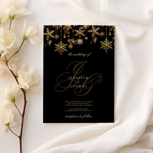 Black guld monogram initialer snöflingor Bröllop Inbjudningar