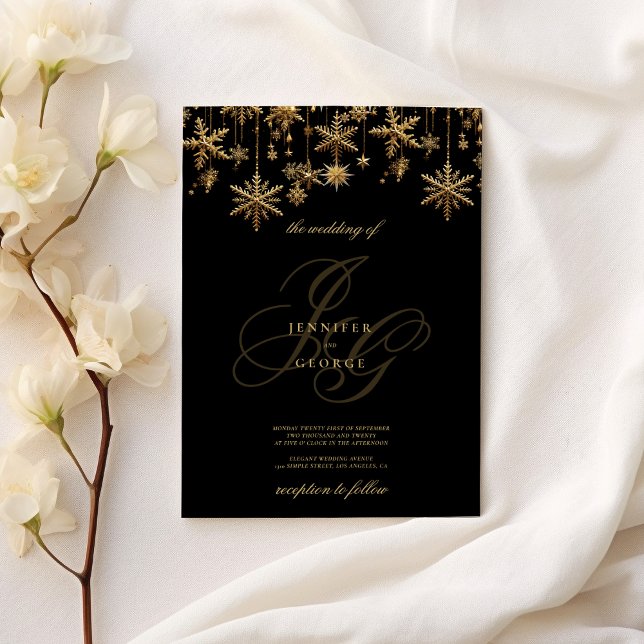 Black guld monogram initialer snöflingor Bröllop Inbjudningar (Black gold monogram initials snowflakes Wedding )
