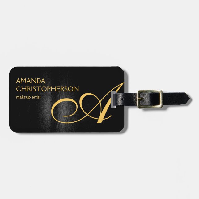 Black Guld Monogram Makeup Artist Modern Plain Art Bagagebricka (Horisontell Framsida)