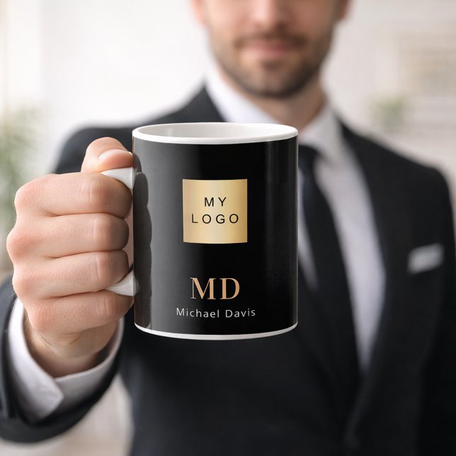 Black guld monogram namn logotyp business  kaffemugg (Skapare uppladdad)