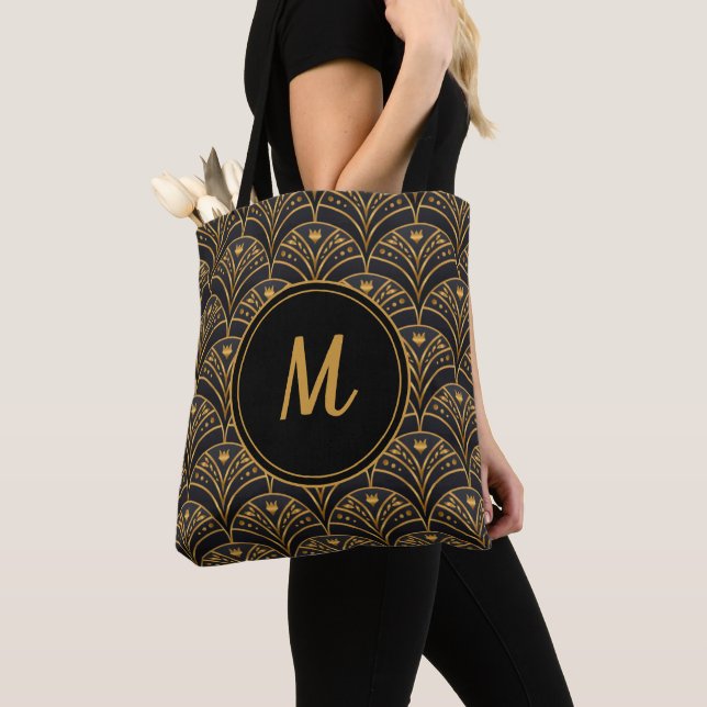 Black Guld Mönster Art Deco Monogram Personalize Tygkasse (Närbild)