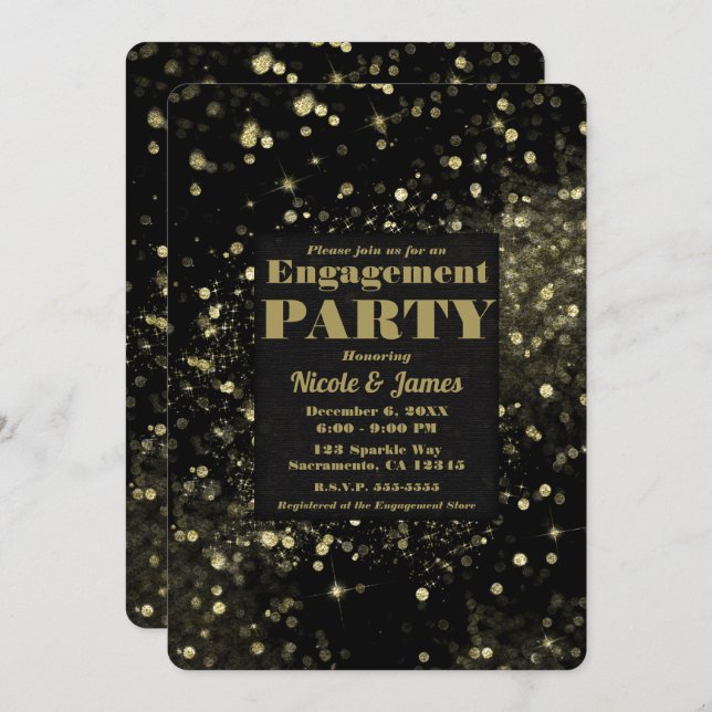 Black Guld mousserande Ljus Glam Förlovningsfest Inbjudningar (Fram/baksida)