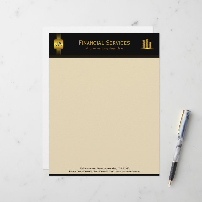 Black Guld Mynt Accountant Business Letterhead Brevhuvud (Fram/Back In Situ)