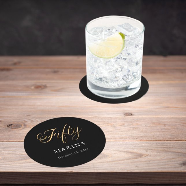 Black guld namn-skript 50-årsdag underlägg papper rund (Skapare uppladdad)