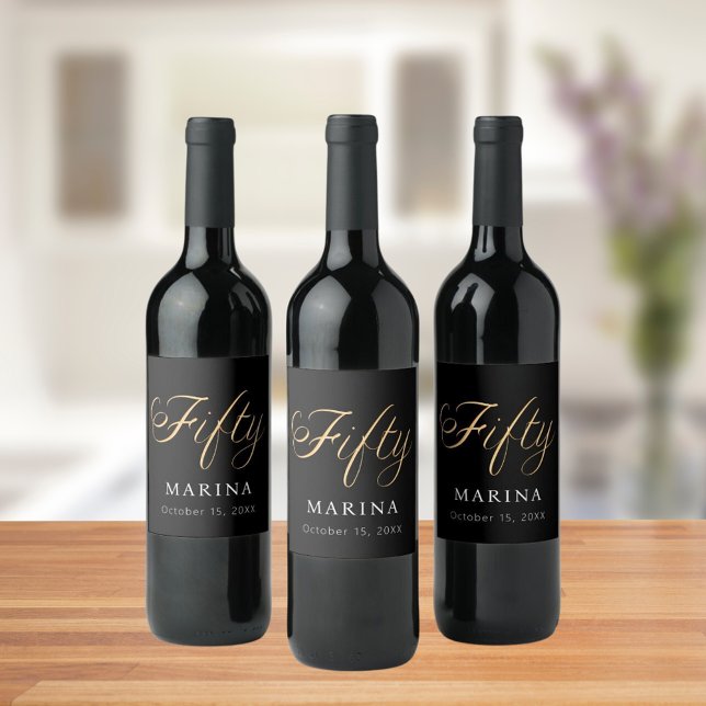 Black guld namn-skript 50-årsdag vinflaska etikett (Skapare uppladdad)