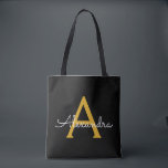 Black Guld Namn White Girly Script Monogram Modern Tygkasse<br><div class="desc">Svart och Guld Elegant lägg till din egen Namn Monogram Bok Bag. Denna Bok-bag kan anpassas så att den omfattar ditt första och första namn och ges som julklapp,  Sverige 16 födelsedagar,  Möhippa eller Bröllop.</div>