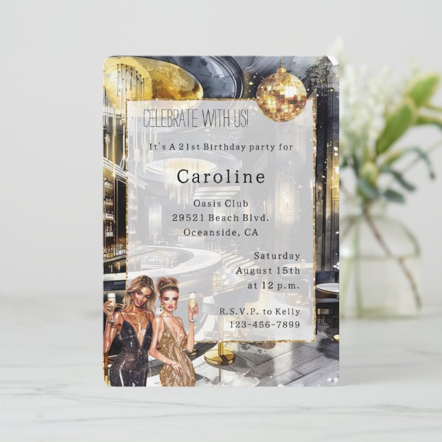 Black Guld Nattdag Klubb Party Girls Disco Birthda Inbjudningar (Stående Fram)