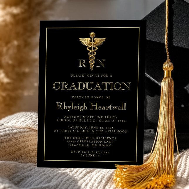 Black Guld Nurse RN Studentfest Inbjudningar (Skapare uppladdad)